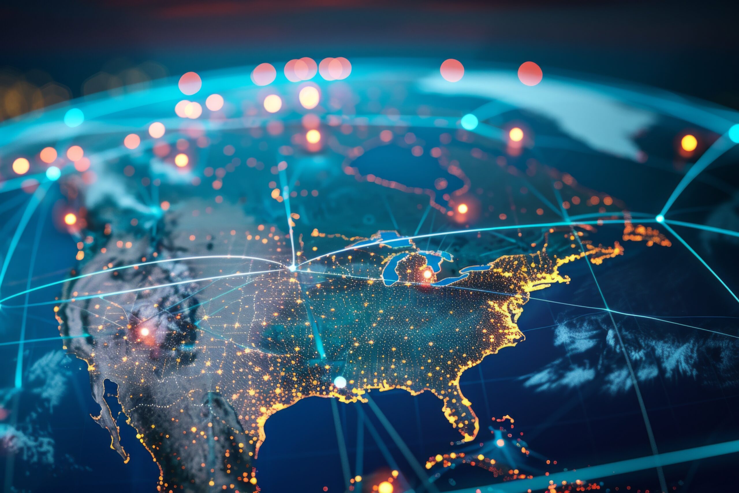En stiliserad, ljusbelyst karta över Nordamerika sedd från ovan, med nätverkslinjer och glödande datapunkter som symboliserar digital kommunikation och globala uppkopplingar.