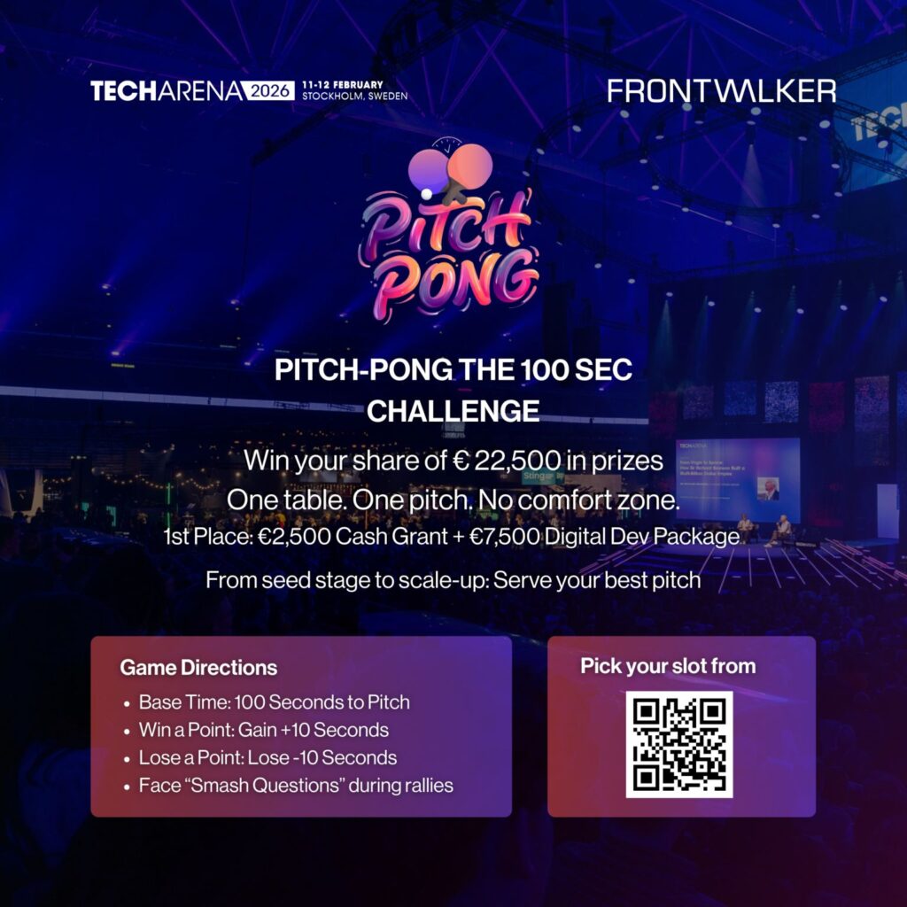 Affisch för Pitch-Pong på TechArena 2026 med information om pitchtävling, priser och QR-kod.